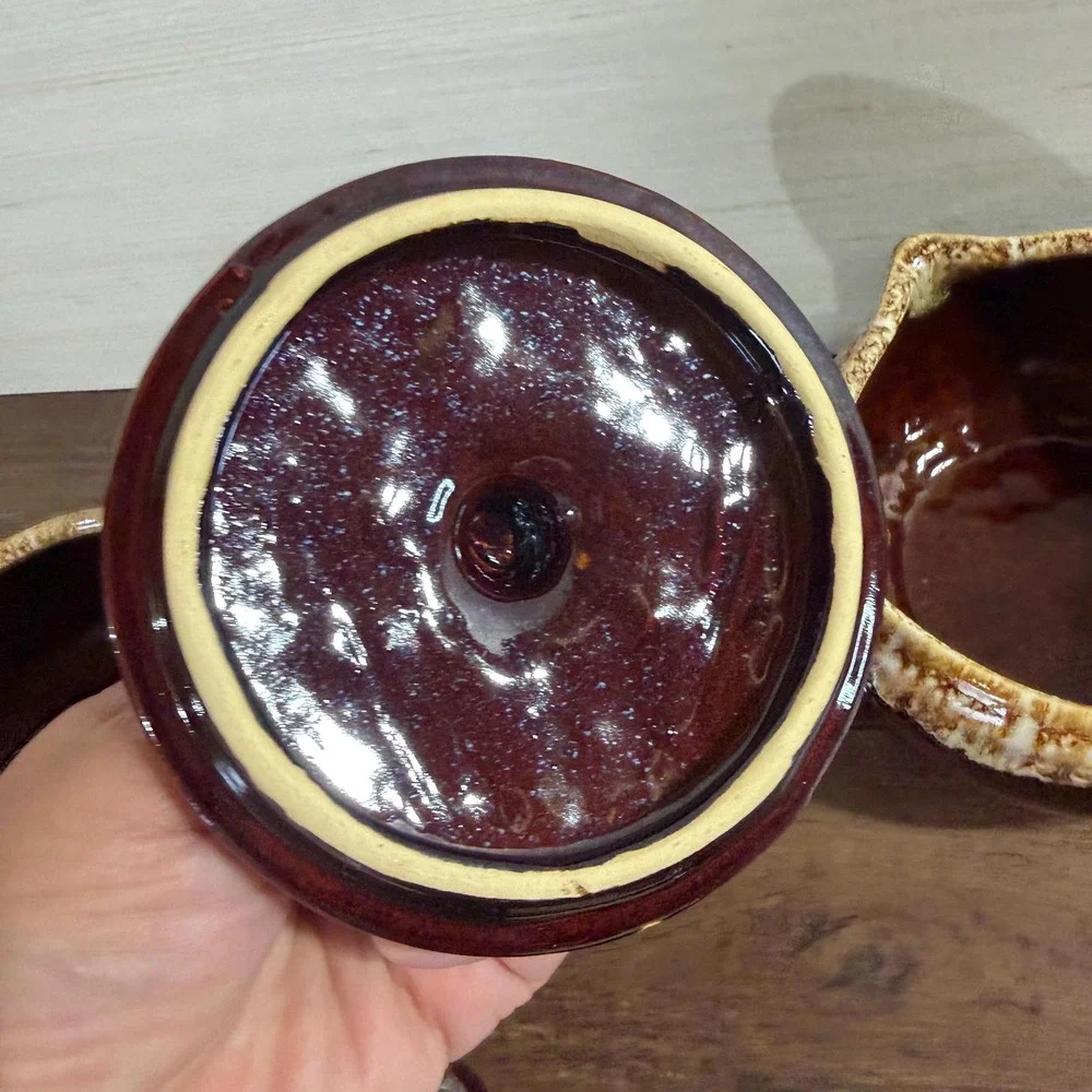 Set of 3 Vintage 70s Brown Drip Glaze French Onion Soup Crocks with Lids